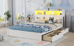 English Elm Queen Storage Bed Solid Wood Frame with LED Headboard Compartments and Pull Out Drawers White W2593S00082