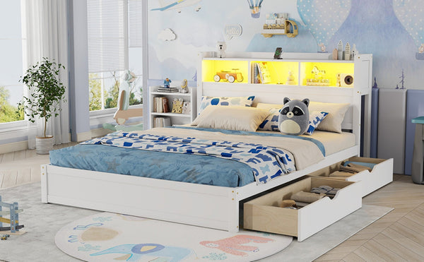 English Elm Queen Storage Bed Solid Wood Frame with LED Headboard Compartments and Pull Out Drawers White W2593S00082