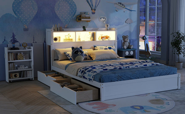 English Elm Queen Storage Bed Solid Wood Frame with LED Headboard Compartments and Pull Out Drawers White W2593S00082