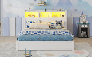 English Elm Queen Storage Bed Solid Wood Frame with LED Headboard Compartments and Pull Out Drawers White W2593S00082