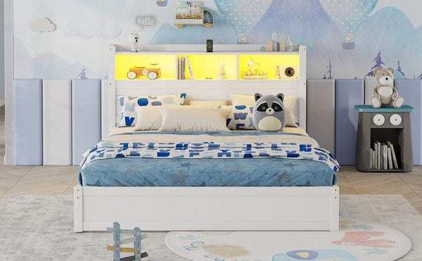 English Elm Queen Storage Bed Solid Wood Frame with LED Headboard Compartments and Pull Out Drawers White W2593S00082