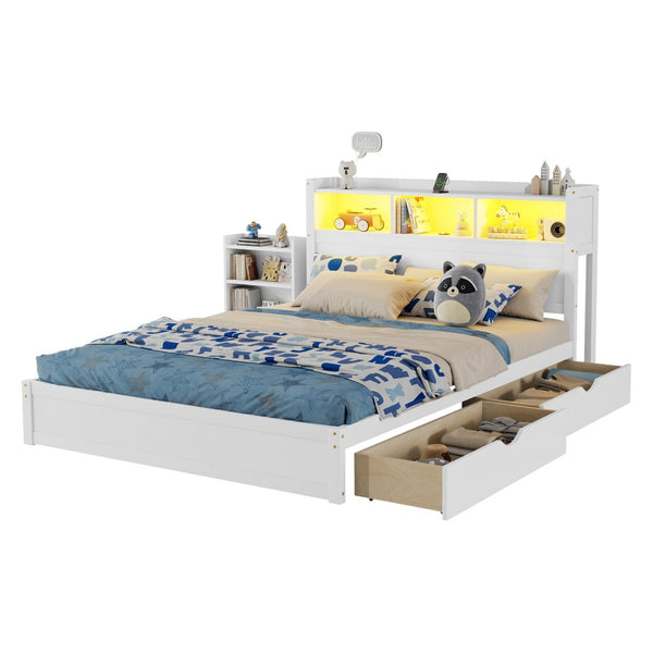 English Elm Queen Storage Bed Solid Wood Frame with LED Headboard Compartments and Pull Out Drawers White W2593S00082