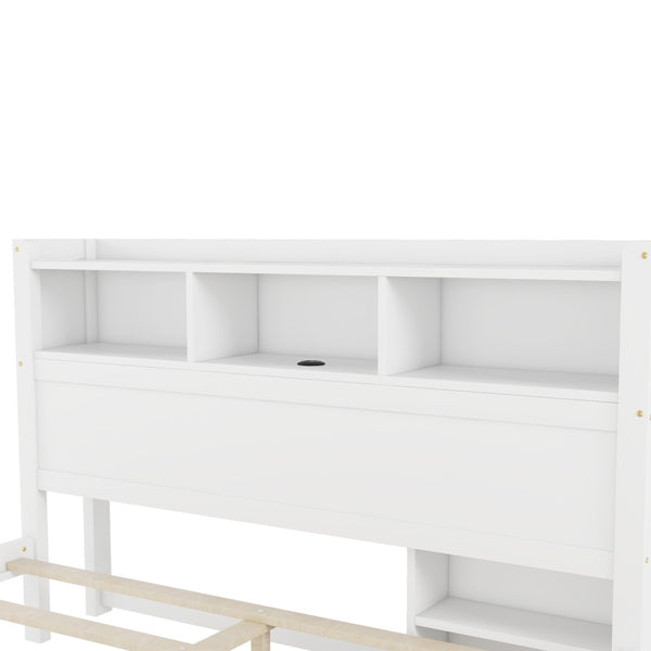 English Elm Queen Storage Bed Solid Wood Frame with LED Headboard Compartments and Pull Out Drawers White W2593S00082