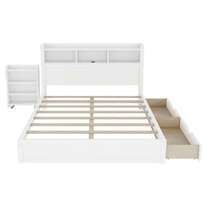 English Elm Queen Storage Bed Solid Wood Frame with LED Headboard Compartments and Pull Out Drawers White W2593S00082