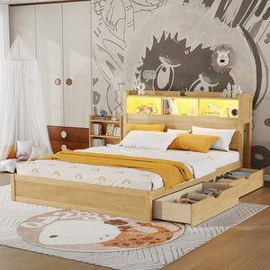 English Elm Queen Storage Bed Solid Wood Frame with LED Headboard Compartments and Pull Out Drawers Natural W2593S00083