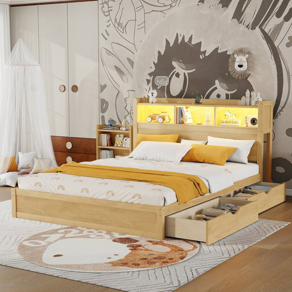 English Elm Queen Storage Bed Solid Wood Frame with LED Headboard Compartments and Pull Out Drawers Natural W2593S00083