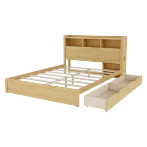 English Elm Queen Storage Bed Solid Wood Frame with LED Headboard Compartments and Pull Out Drawers Natural W2593S00083