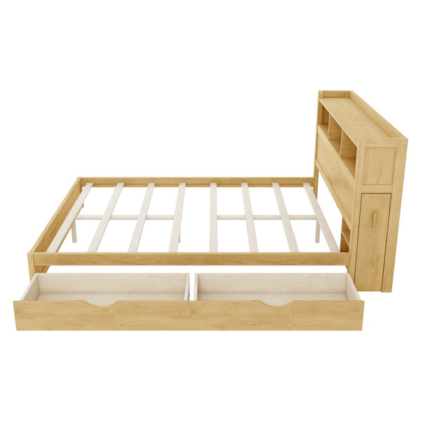 English Elm Queen Storage Bed Solid Wood Frame with LED Headboard Compartments and Pull Out Drawers Natural W2593S00083