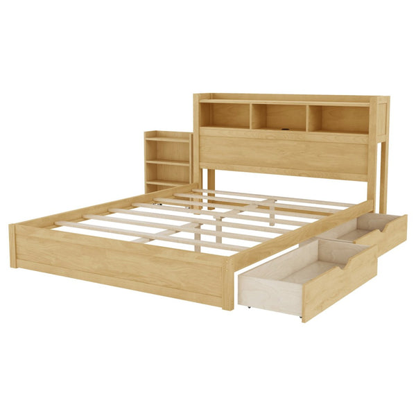 English Elm Queen Storage Bed Solid Wood Frame with LED Headboard Compartments and Pull Out Drawers Natural W2593S00083
