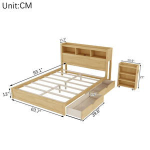 English Elm Queen Storage Bed Solid Wood Frame with LED Headboard Compartments and Pull Out Drawers Natural W2593S00083