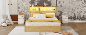 English Elm Queen Storage Bed Solid Wood Frame with LED Headboard Compartments and Pull Out Drawers Natural W2593S00083