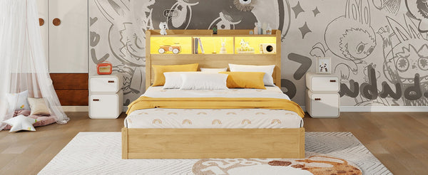 English Elm Queen Storage Bed Solid Wood Frame with LED Headboard Compartments and Pull Out Drawers Natural W2593S00083
