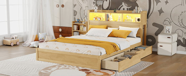 English Elm Queen Storage Bed Solid Wood Frame with LED Headboard Compartments and Pull Out Drawers Natural W2593S00083