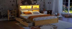 English Elm Queen Storage Bed Solid Wood Frame with LED Headboard Compartments and Pull Out Drawers Natural W2593S00083