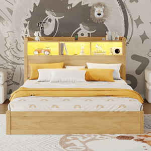 English Elm Queen Storage Bed Solid Wood Frame with LED Headboard Compartments and Pull Out Drawers Natural W2593S00083
