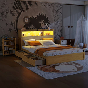 English Elm Queen Storage Bed Solid Wood Frame with LED Headboard Compartments and Pull Out Drawers Natural W2593S00083
