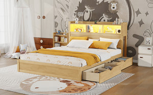 English Elm Queen Storage Bed Solid Wood Frame with LED Headboard Compartments and Pull Out Drawers Natural W2593S00083