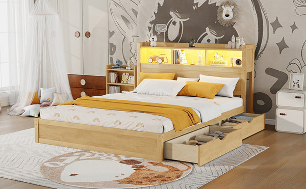 English Elm Queen Storage Bed Solid Wood Frame with LED Headboard Compartments and Pull Out Drawers Natural W2593S00083