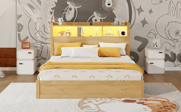 English Elm Queen Storage Bed Solid Wood Frame with LED Headboard Compartments and Pull Out Drawers Natural W2593S00083