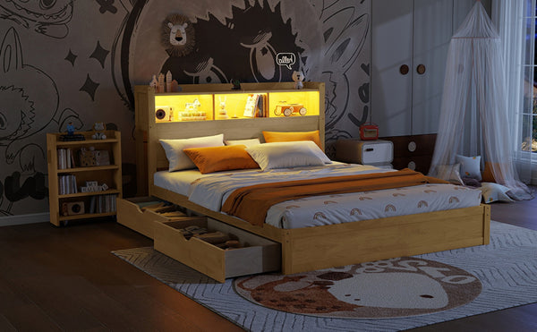 English Elm Queen Storage Bed Solid Wood Frame with LED Headboard Compartments and Pull Out Drawers Natural W2593S00083