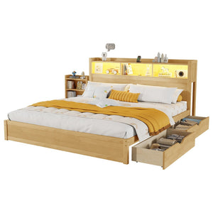 English Elm Queen Storage Bed Solid Wood Frame with LED Headboard Compartments and Pull Out Drawers Natural W2593S00083
