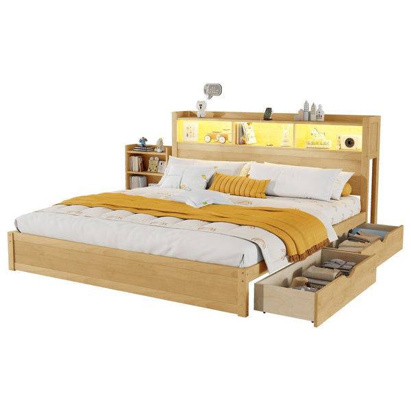 English Elm Queen Storage Bed Solid Wood Frame with LED Headboard Compartments and Pull Out Drawers Natural W2593S00083