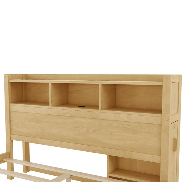 English Elm Queen Storage Bed Solid Wood Frame with LED Headboard Compartments and Pull Out Drawers Natural W2593S00083