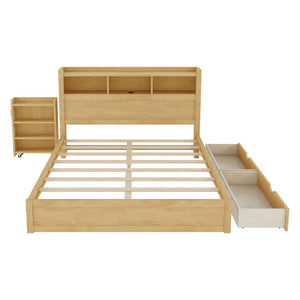 English Elm Queen Storage Bed Solid Wood Frame with LED Headboard Compartments and Pull Out Drawers Natural W2593S00083