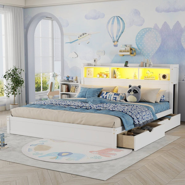 English Elm King Platform Bed with LED Headboard Storage Drawers and Pull Out Cabinet in Wood White W2593S00084