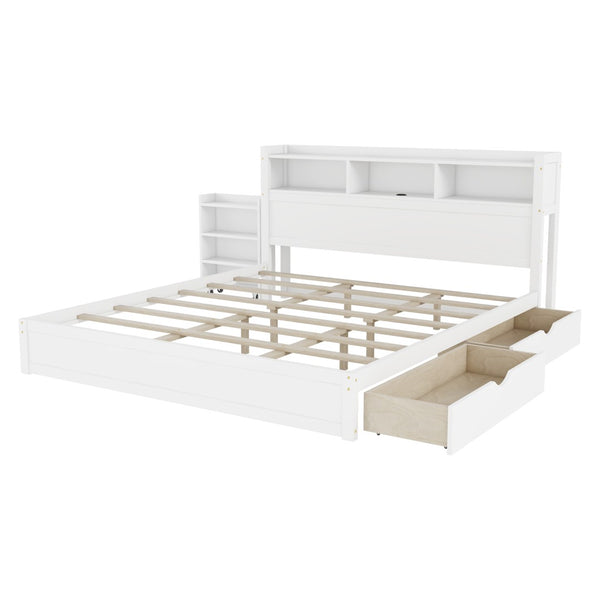 English Elm King Platform Bed with LED Headboard Storage Drawers and Pull Out Cabinet in Wood White W2593S00084