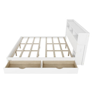English Elm King Platform Bed with LED Headboard Storage Drawers and Pull Out Cabinet in Wood White W2593S00084
