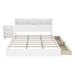 English Elm King Platform Bed with LED Headboard Storage Drawers and Pull Out Cabinet in Wood White W2593S00084