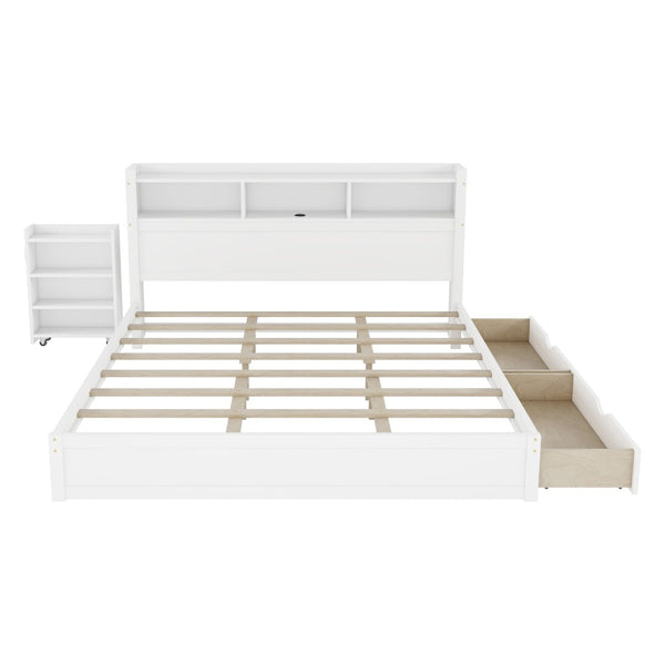 English Elm King Platform Bed with LED Headboard Storage Drawers and Pull Out Cabinet in Wood White W2593S00084