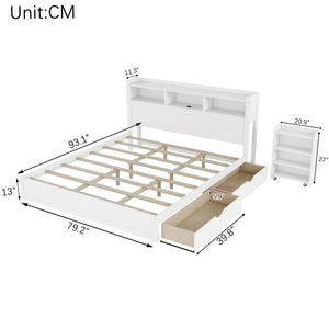English Elm King Platform Bed with LED Headboard Storage Drawers and Pull Out Cabinet in Wood White W2593S00084