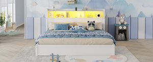 English Elm King Platform Bed with LED Headboard Storage Drawers and Pull Out Cabinet in Wood White W2593S00084