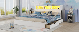 English Elm King Platform Bed with LED Headboard Storage Drawers and Pull Out Cabinet in Wood White W2593S00084