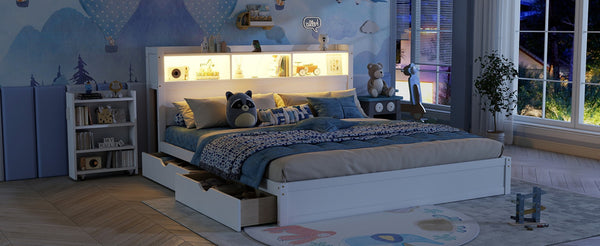 English Elm King Platform Bed with LED Headboard Storage Drawers and Pull Out Cabinet in Wood White W2593S00084