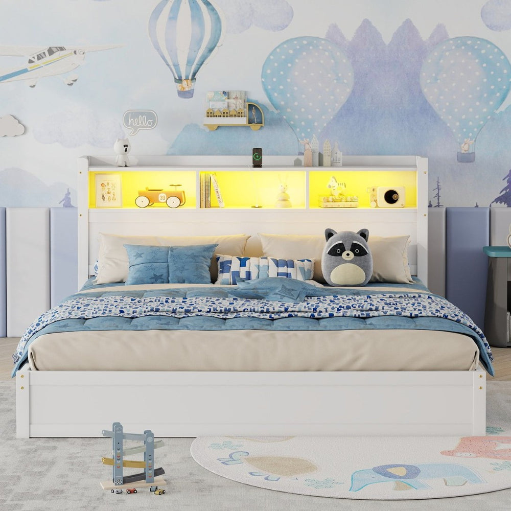 English Elm King Platform Bed with LED Headboard Storage Drawers and Pull Out Cabinet in Wood White W2593S00084