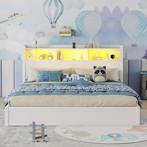 English Elm King Platform Bed with LED Headboard Storage Drawers and Pull Out Cabinet in Wood White W2593S00084
