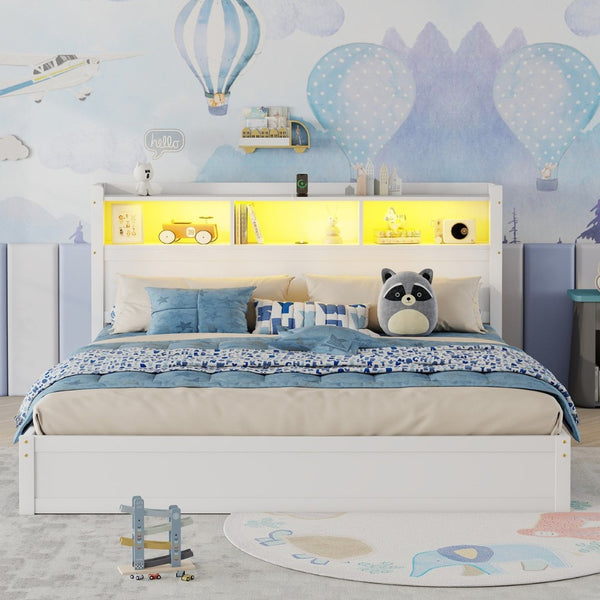 English Elm King Platform Bed with LED Headboard Storage Drawers and Pull Out Cabinet in Wood White W2593S00084