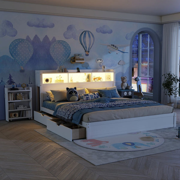English Elm King Platform Bed with LED Headboard Storage Drawers and Pull Out Cabinet in Wood White W2593S00084