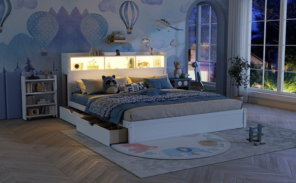 English Elm King Platform Bed with LED Headboard Storage Drawers and Pull Out Cabinet in Wood White W2593S00084