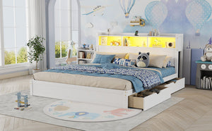 English Elm King Platform Bed with LED Headboard Storage Drawers and Pull Out Cabinet in Wood White W2593S00084