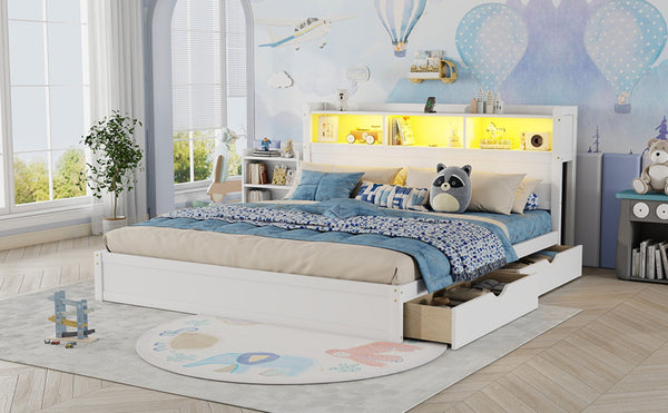 English Elm King Platform Bed with LED Headboard Storage Drawers and Pull Out Cabinet in Wood White W2593S00084