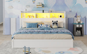 English Elm King Platform Bed with LED Headboard Storage Drawers and Pull Out Cabinet in Wood White W2593S00084