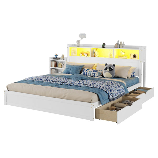 English Elm King Platform Bed with LED Headboard Storage Drawers and Pull Out Cabinet in Wood White W2593S00084