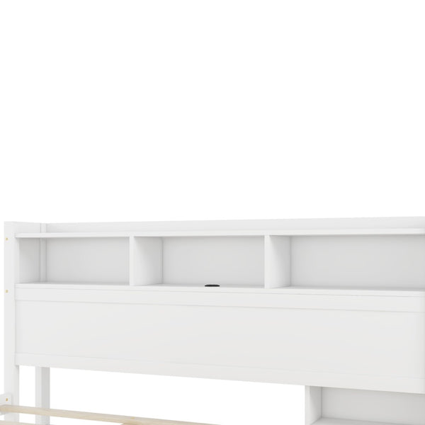 English Elm King Platform Bed with LED Headboard Storage Drawers and Pull Out Cabinet in Wood White W2593S00084