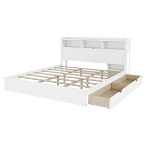 English Elm King Platform Bed with LED Headboard Storage Drawers and Pull Out Cabinet in Wood White W2593S00084