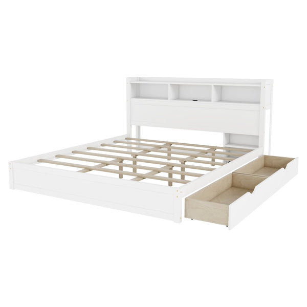 English Elm King Platform Bed with LED Headboard Storage Drawers and Pull Out Cabinet in Wood White W2593S00084