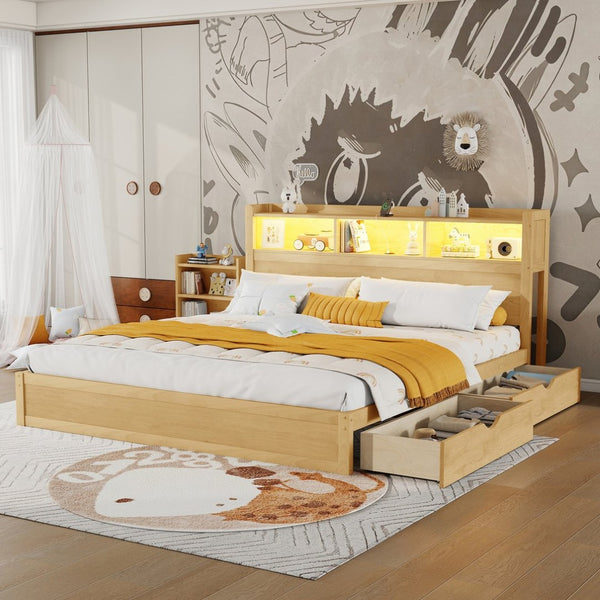 English Elm King Platform Bed with LED Headboard Storage Drawers and Pull Out Cabinet in Wood Natural W2593S00085